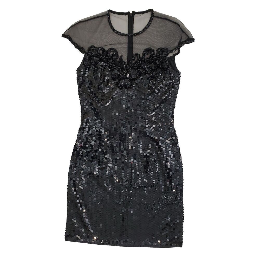 Vtg Nite Line Sheer Sequin Sparkly Dress Beaded Black 8 Taylor Swift Bad Rep Era